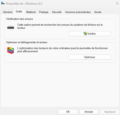 Outil de vérification du disque dur C: via "propriétés"
