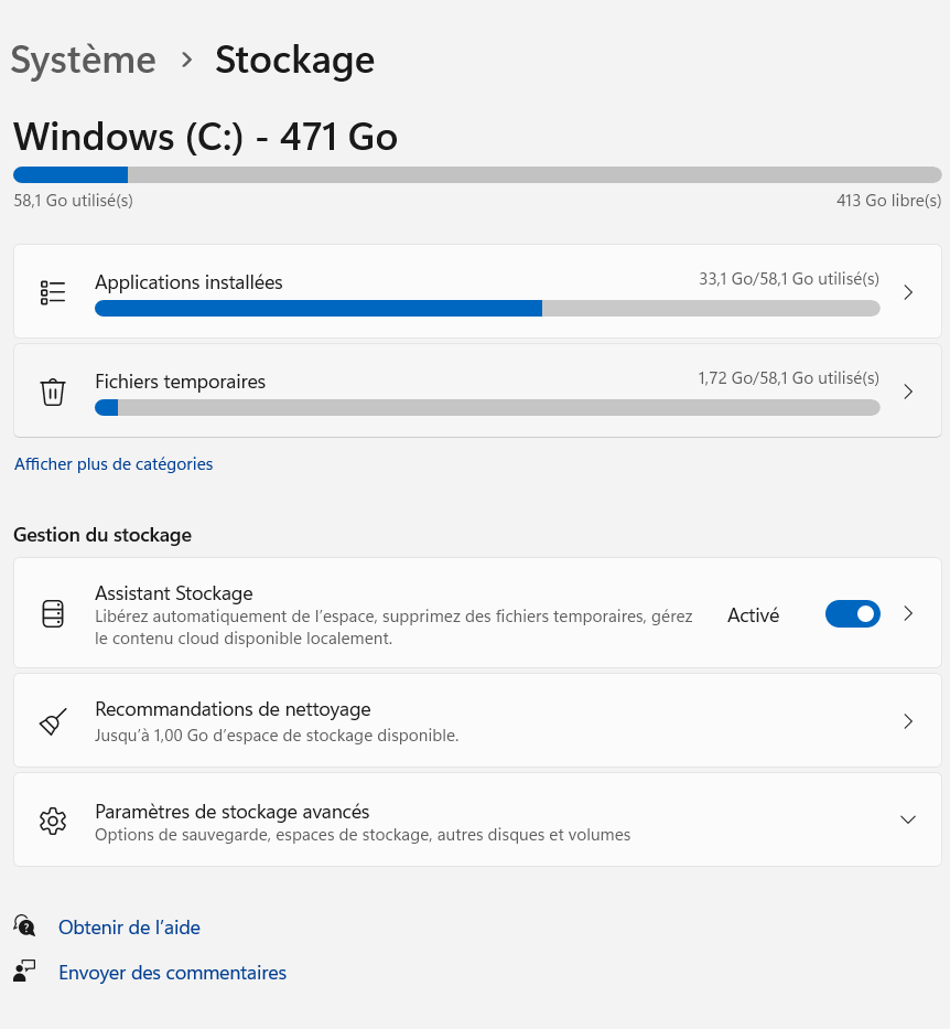 Exemple Windows assistant de stockage