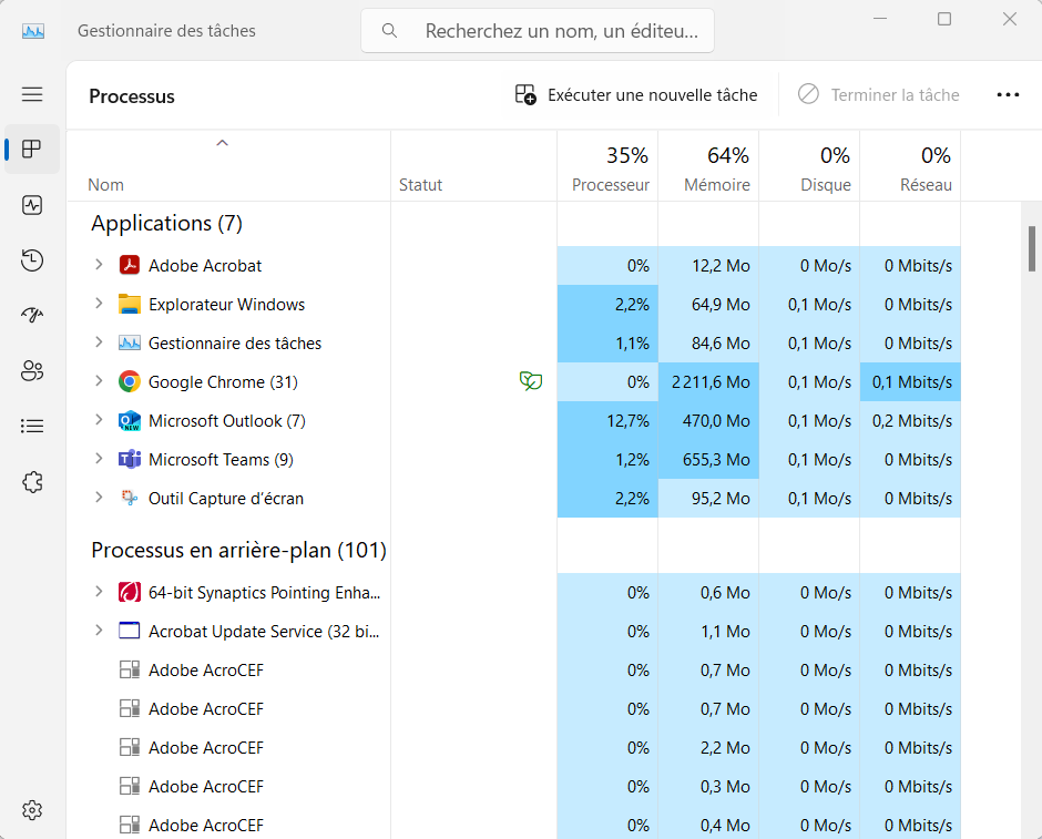 Crtl+Alt+Suppr exemple onglet "processus" gestionnaire des tâches